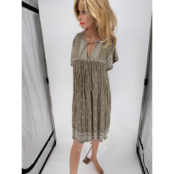 Sundance Dresses & Skirts - Sundance Womens Olive Green Embroidered Sequin Tassel Peasant Dress Medium Boho